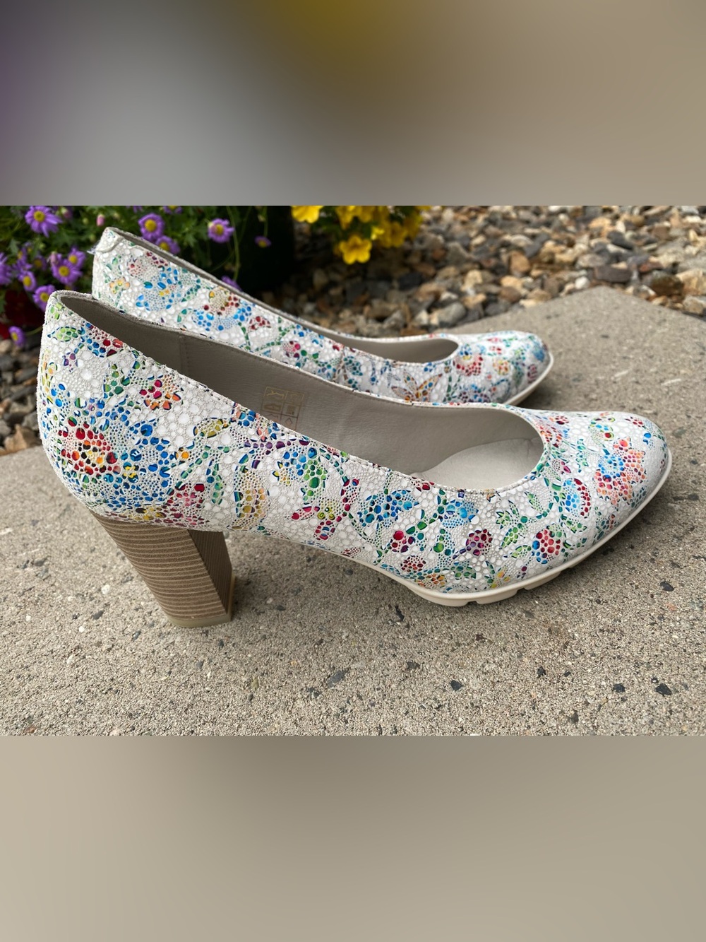 White Multicolor Floral Mosaic Leather Pump Women’s Heels